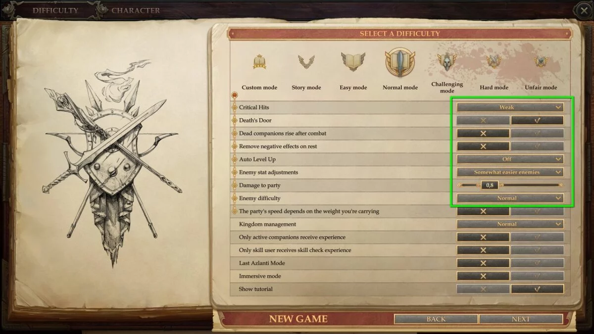 Difficulty level settings in the menu in Pathfinder: Kingmaker