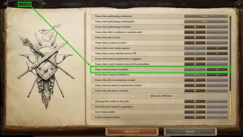 Settings for automatic pause in Pathfinder: Kingmaker