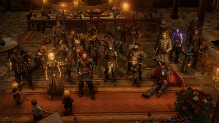 Ein Screenshot aus dem DLC A Dance of Masks für Pathfinder: Wrath of the Righteous zeigt eine Versammlung von Held:innen in einem Festsaal.