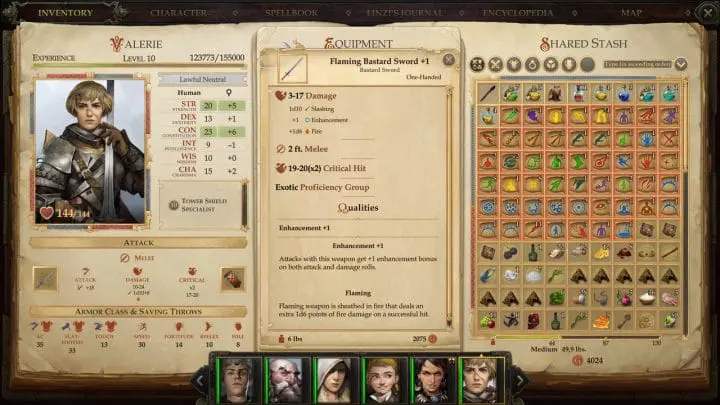 Flaming bastard sword +1 in the overview in the inventory of fighter Valerie in Pathfinder: Kingmaker