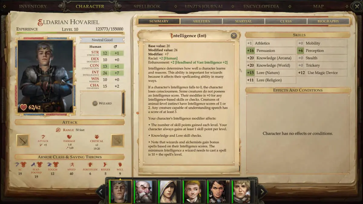 Overview of ability scores and skills of a character in Pathfinder: Kingmaker