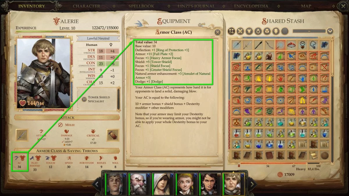 The inventory of Valerie in Pathfinder: Kingmaker, including character values