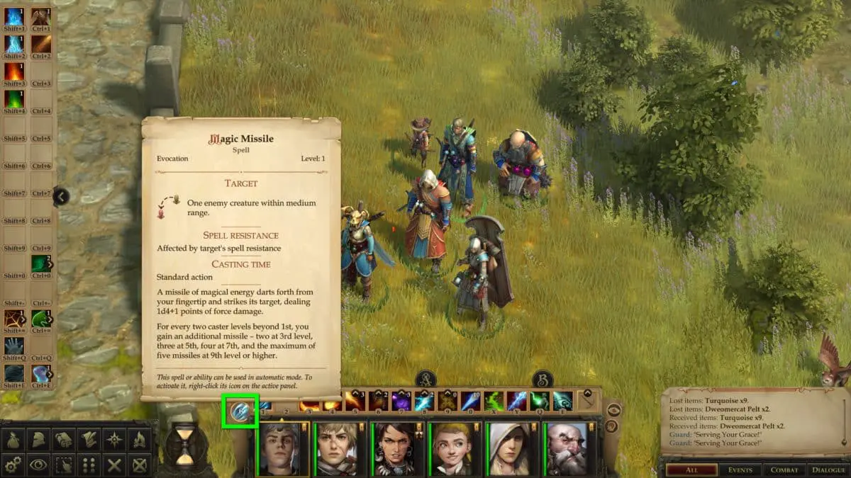 The hero group in close-up view in Pathfinder: Kingmaker, plus the display of information about Magic Missile that the mage has set as an automatic attack