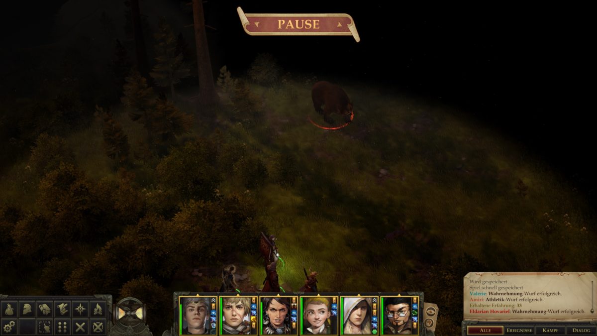 Pausierte Ansicht, Gruppe unten, feindlicher Bär oben mit roter Umrandung in Pathfinder: Kingmaker