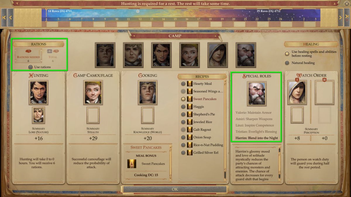 Overview of tasks while resting in in Pathfinder: Kingmaker