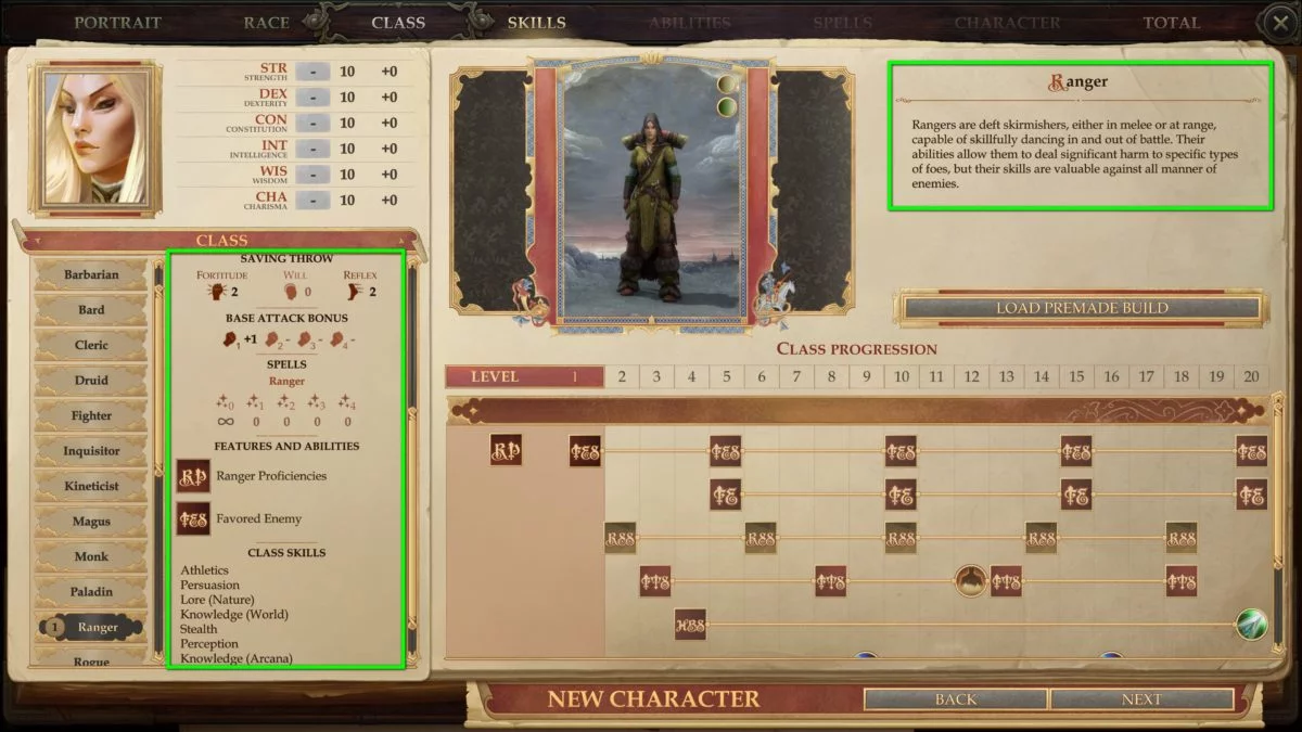 Class overview during character creation in Pathfinder: Kingmaker