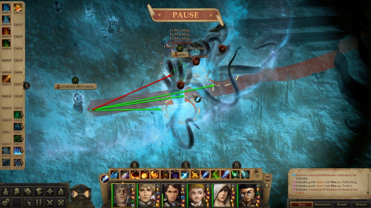 Kampf gegen Hydra in Pathfinder: Kingmaker, pausiert, mit Anzeige des Wirkungsbereichs des nächsten geplanten Zaubers des Magiers