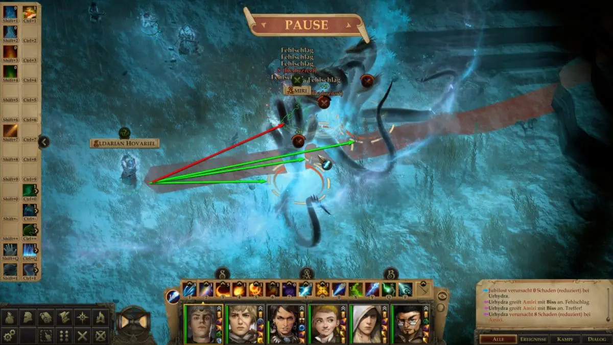 Fight against Hydra in Pathfinder: Kingmaker, paused, showing the range of the mage's next spell 