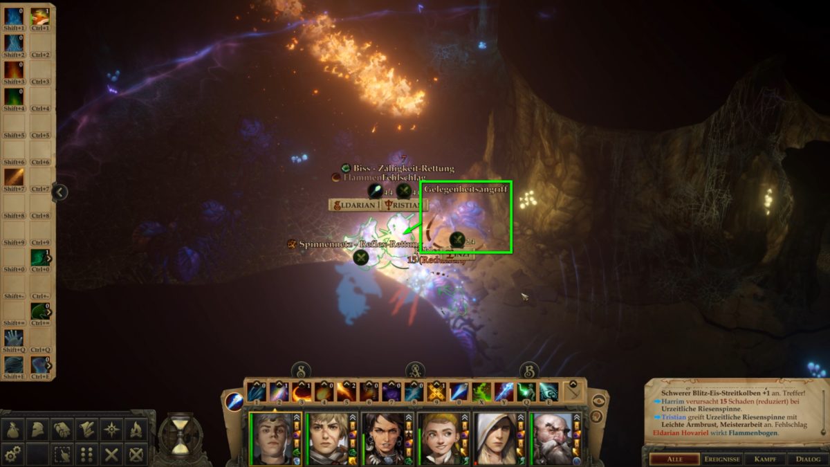 Battle in narrow underworld with traps and fire and giant spiders in Pathfinder: Kingmaker