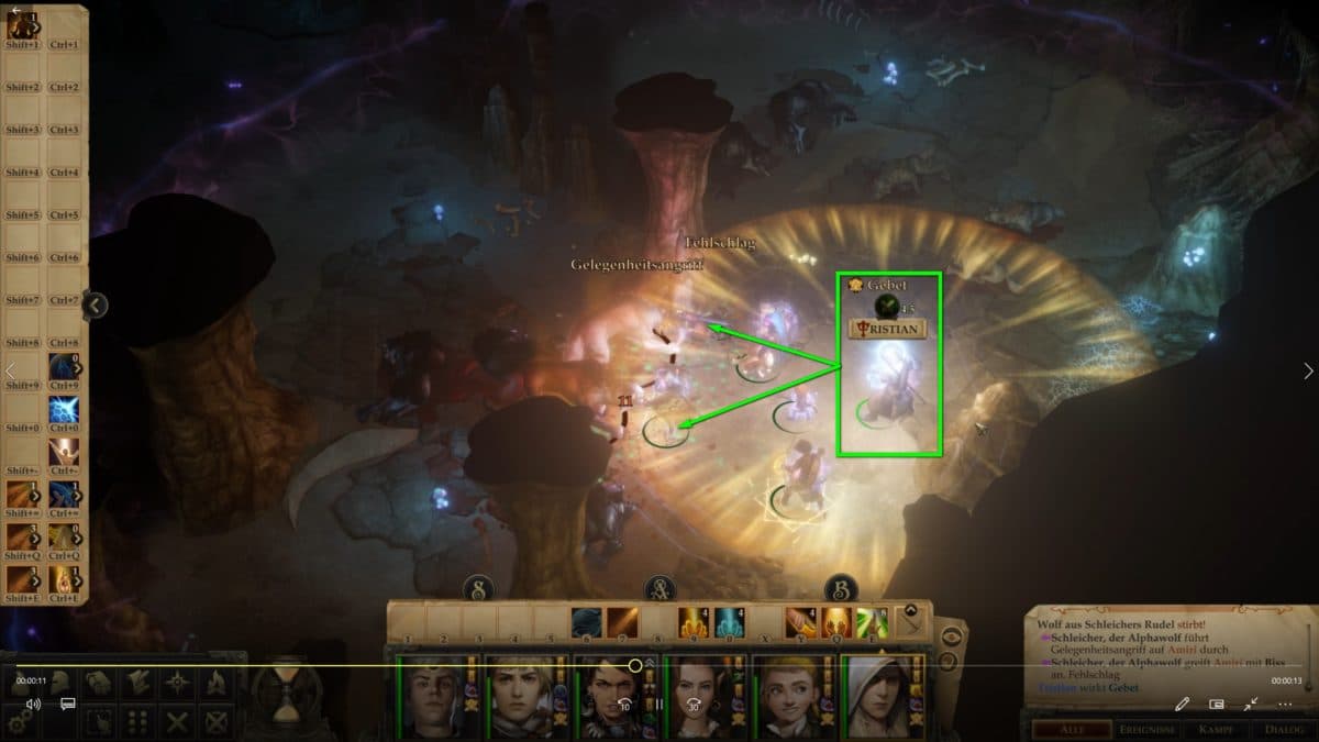 Kampf in einer Höhle in Pathfinder: Kingmaker, Heiler Tristian wirkt einen Radiuszauber für Heilung der Kämpfer im Wirkungsbereich