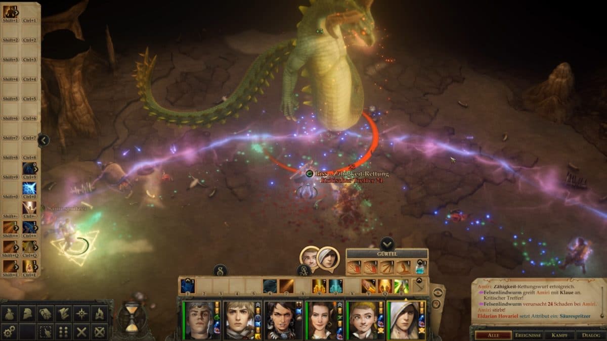 Ein riesiger Lindwurm in einem Kampf in einer Höhle in Pathfinder: Kingmaker