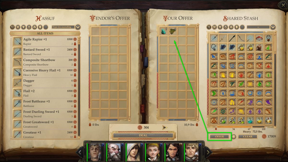 The trade window in Pathfinder: Kingmaker