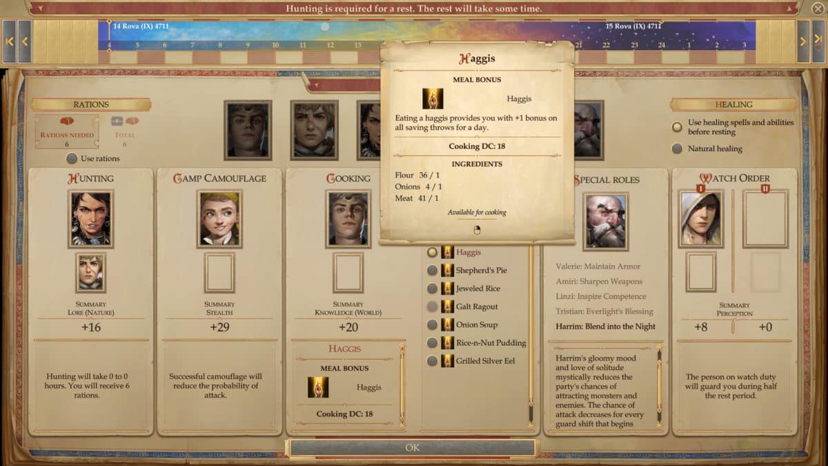 The recipe Haggis with information about the effect and the ingredients in the overview while resting in Pathfinder: Kingmaker 