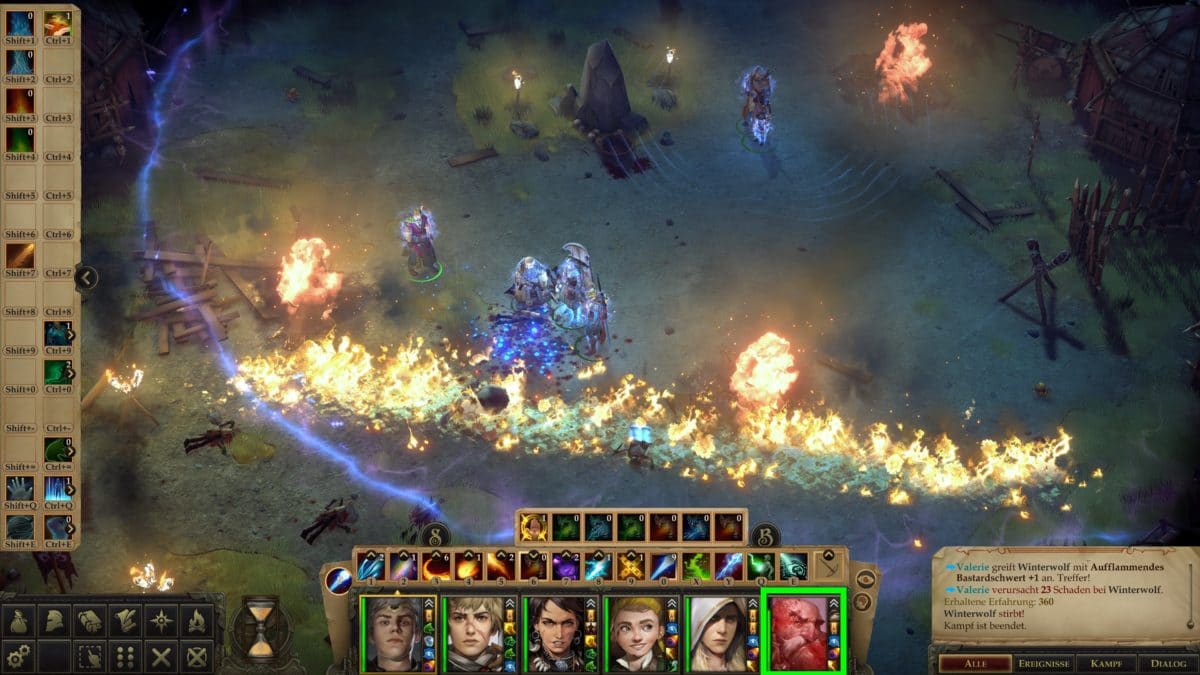 Große Feuerwand im Kampf gegen starke Gegner und Harrim ist bereits im Zustand Schwelle des Todes, was auf seinem Portrait  in Pathfinder: Kingmaker zu sehen ist