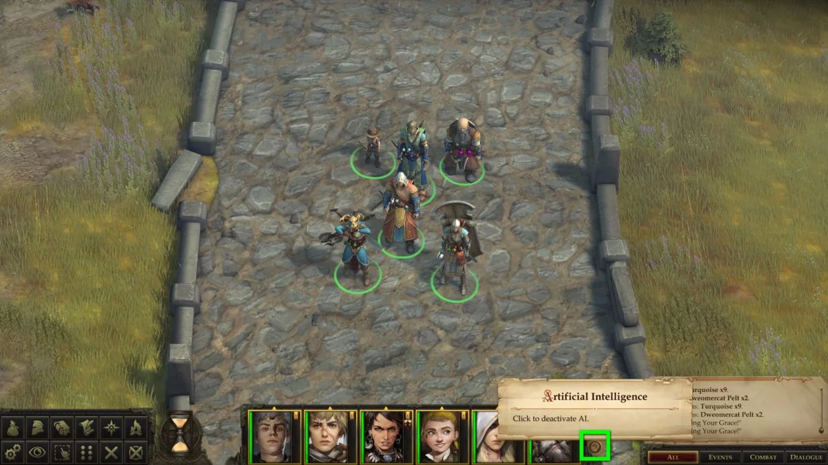 Normal view in Pathfinder: Kingmaker with highlighted AI button for group members