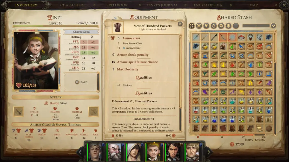 The Vest of Hundred Pockets and its values, in Linzi's inventory in Pathfinder: Kingmaker
