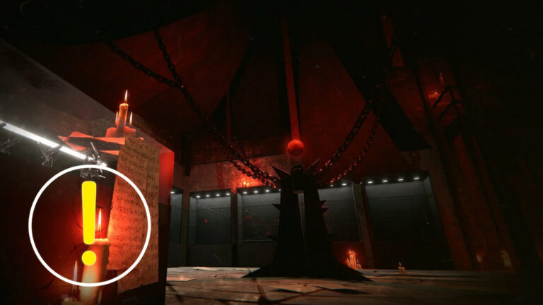 A gloomy environment, with a pillar in the center topped by a glowing red ball.