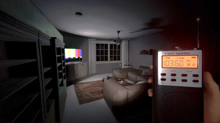 Jemand steht mit einer Geisterbox in der Hand in einem Wohnzimmer, während der Fernseher läuft.
