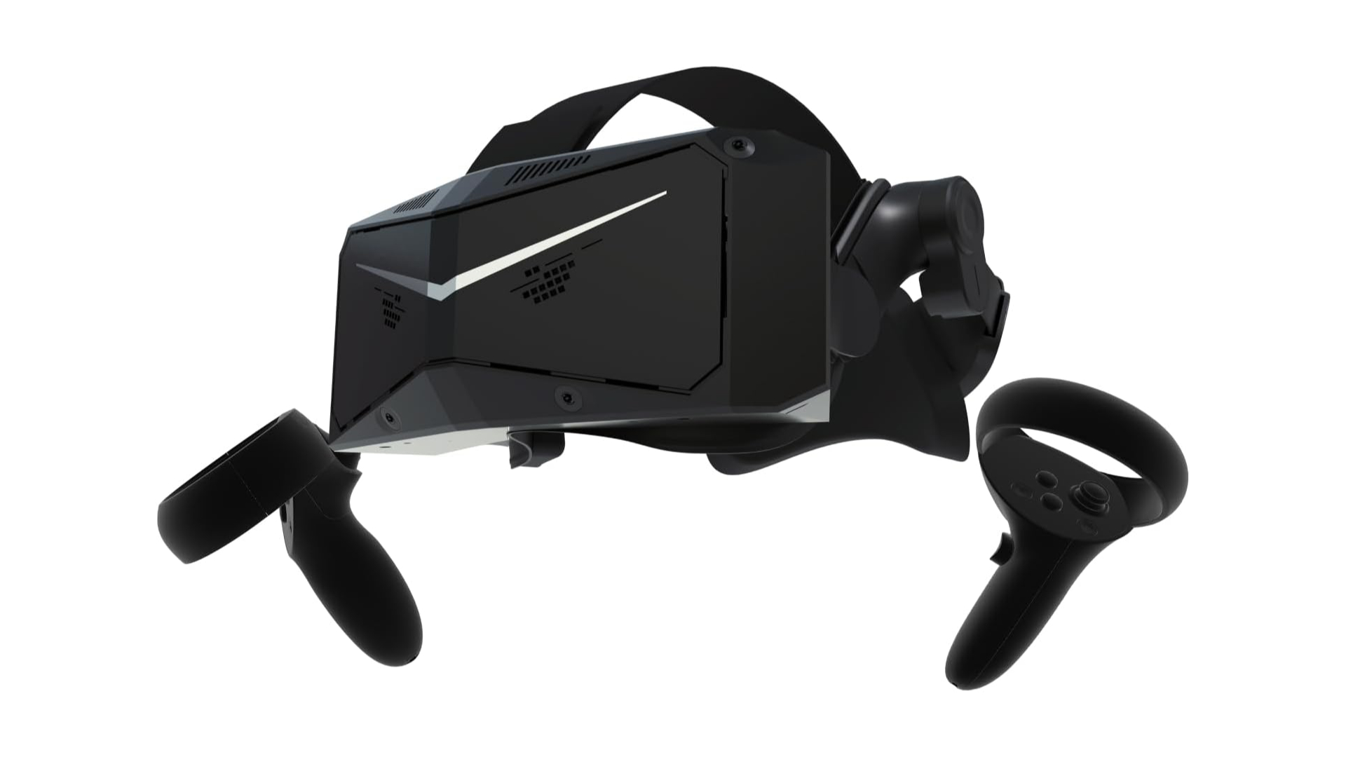 Die schwarze VR-Brille Pimax Crystal Light mit zwei VR-Controllern auf weißem Hintergrund.