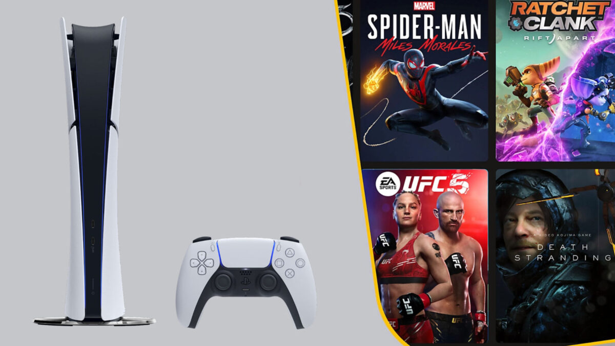 Eine PlayStation 5, daneben mehrere Spielecover, darunter Spider-Man.