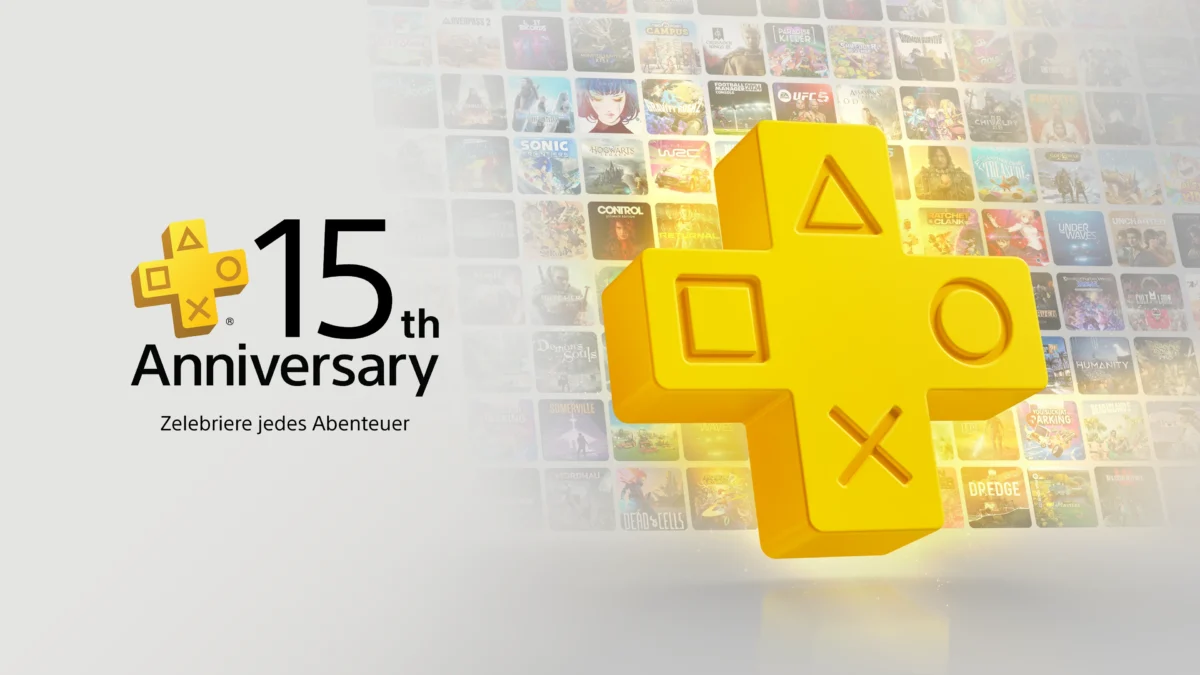Das gelbe Steuerkreuz von PlayStation mit Schriftzug zum Jubiläum.