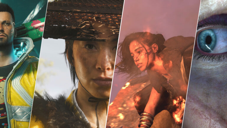 Übersicht von vier PlayStation-Spielen, darunter Ghost of Yotei, Cyberpunk und mehr