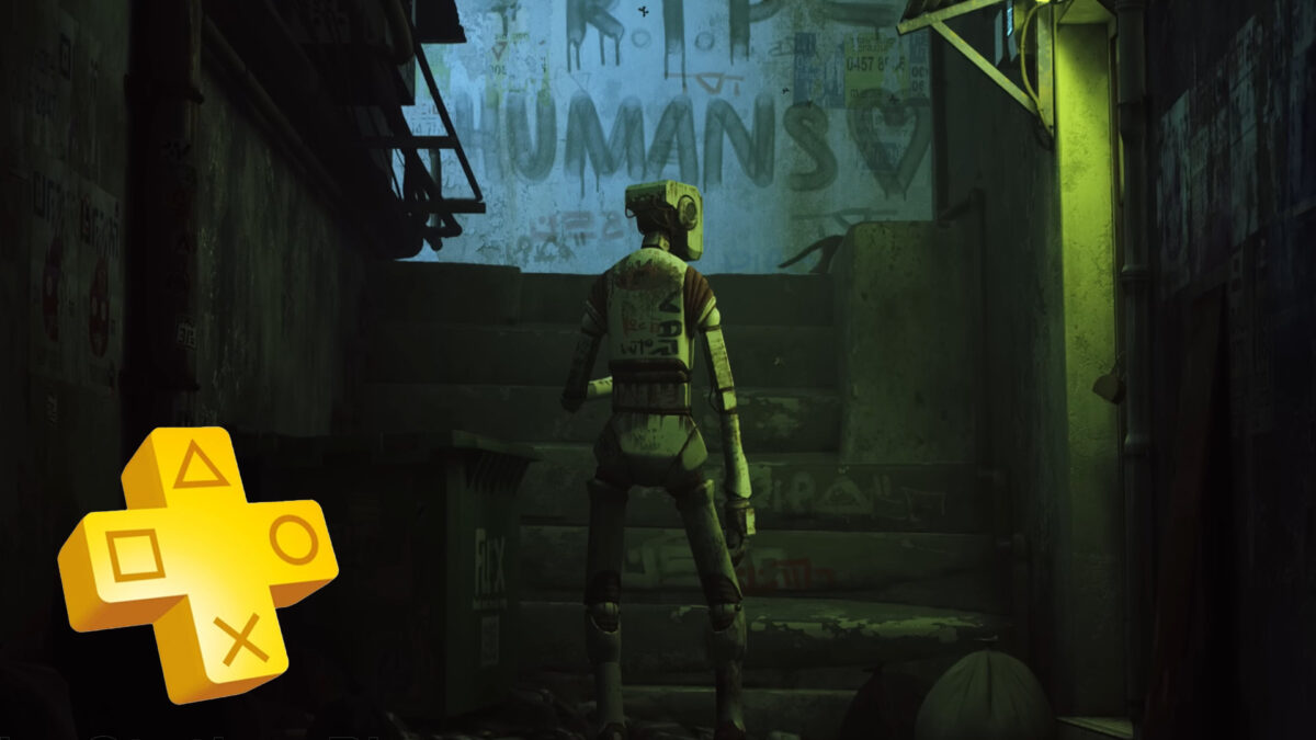 Ein einsamer Roboter steht mittig vor einer Steintreppe, die Umgebung ist eher düster.