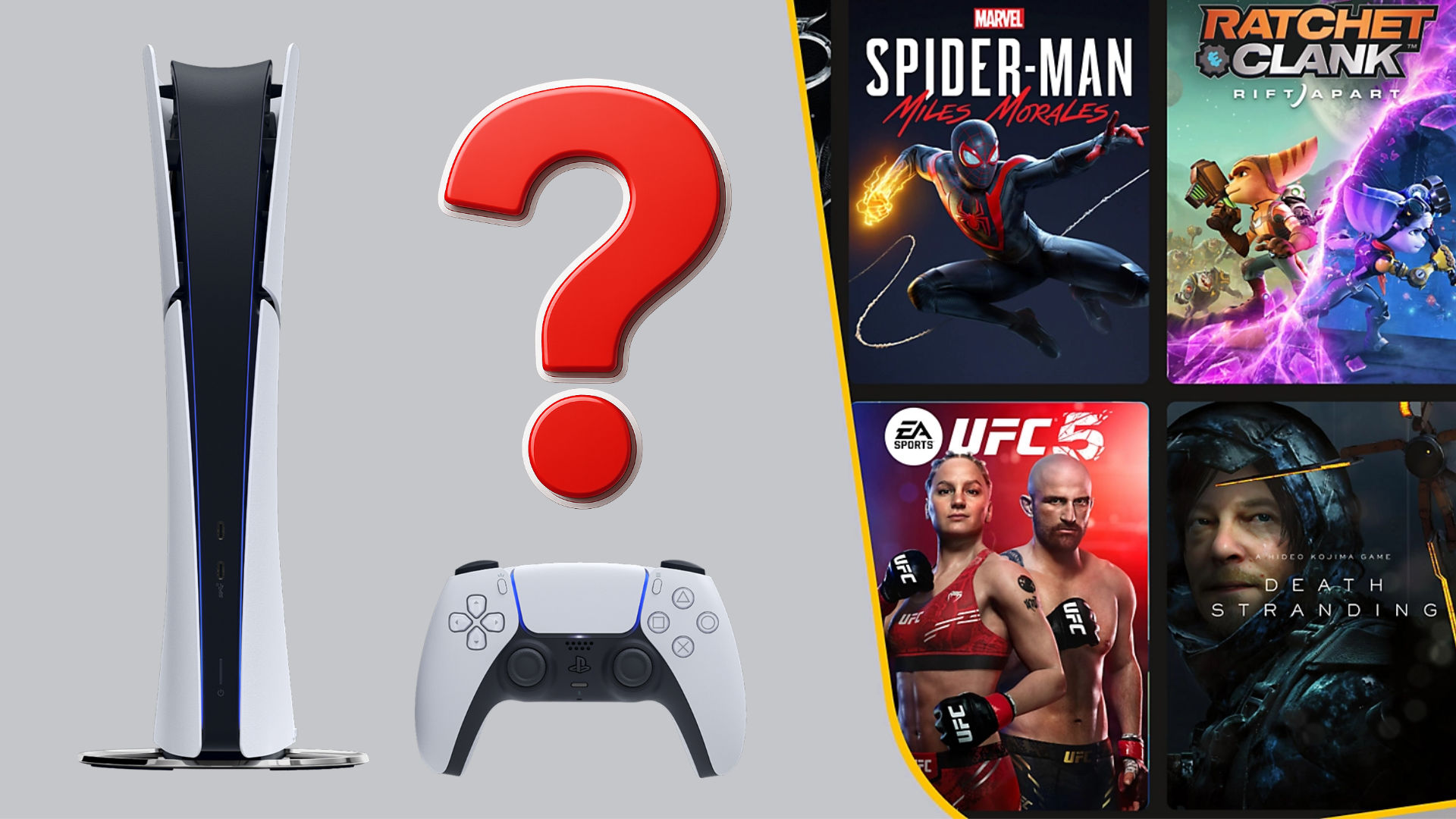 PlayStation 5 with DualSense controller and a question mark, alongside PS5 games like Spider-Man: Miles Morales — symbolic image for a buying guide and game selection.