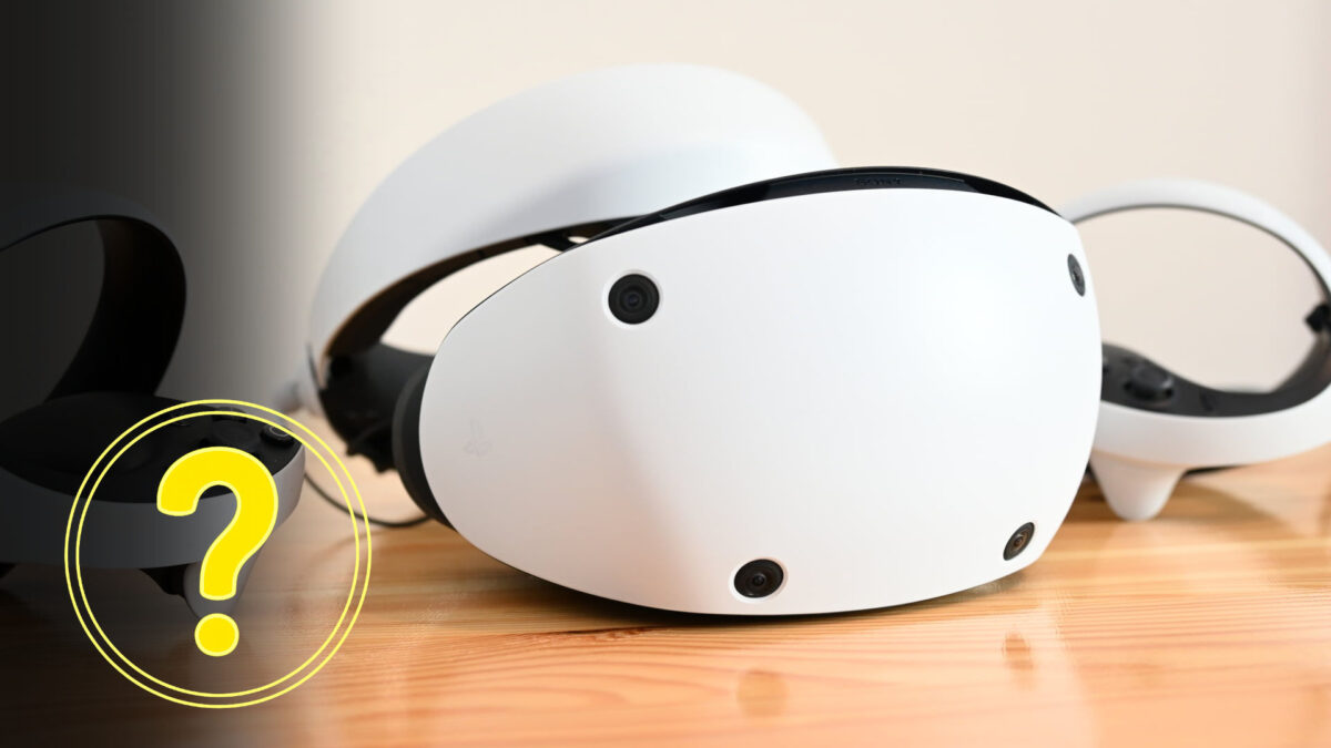 The Sony PlayStation VR2 headset and two Sense controllers rest on a light-colored wooden table.