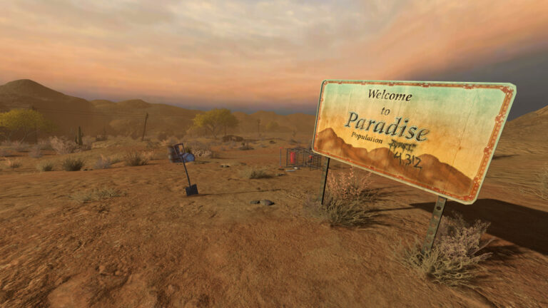 Eine Szene aus Postal 2 Redux zeigt ein Ortsschild in der Wüste mit der Aufschrift "Welcome to Paradise"