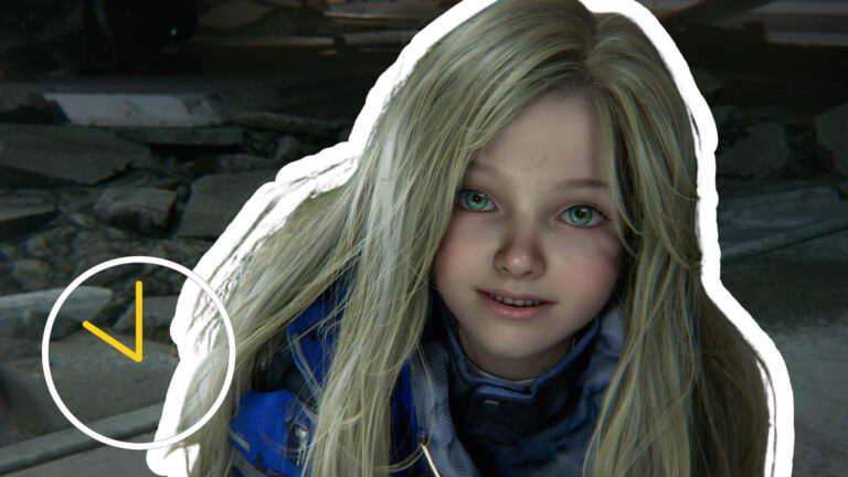 Diana aus Pragmata, wie sie lächelnd nach vorne schaut.