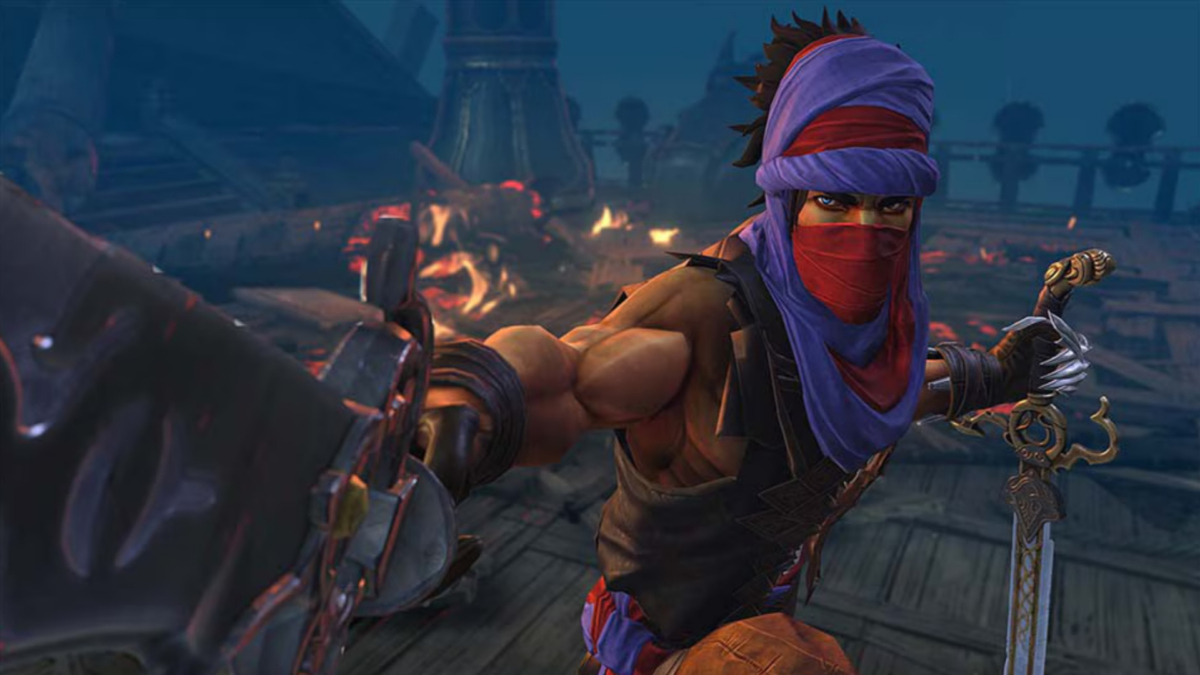 Ein Screenshot aus Prince of Persia: The Lost Crown zeigt einen vermummten Krieger mit zwei Säbeln.
