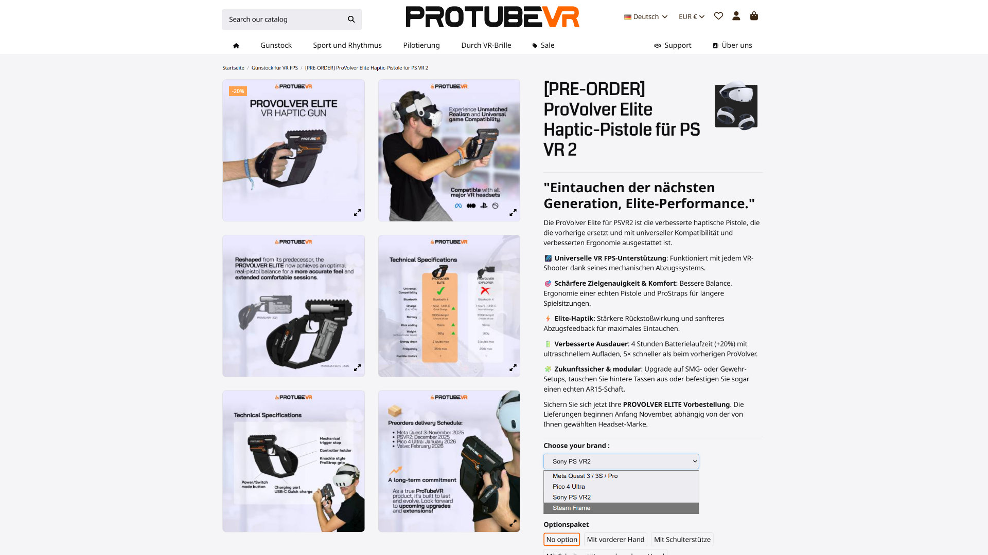 Ein Screenshot des Online-Shops eines VR-Zubehör-Herstellers zeigt die Produktseite für eine haptische VR-Pistole. 