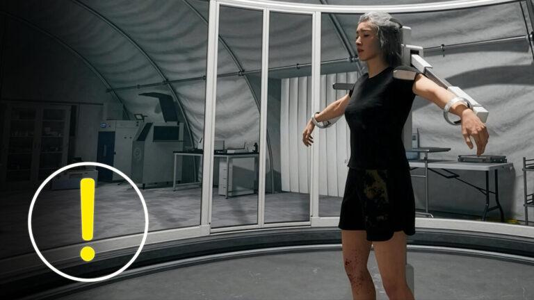 Gefangene Frau steht fixiert in futuristischem Laborzelt – Untersuchungsszene mit medizinischer Apparatur im Survival-Horrorspiel.