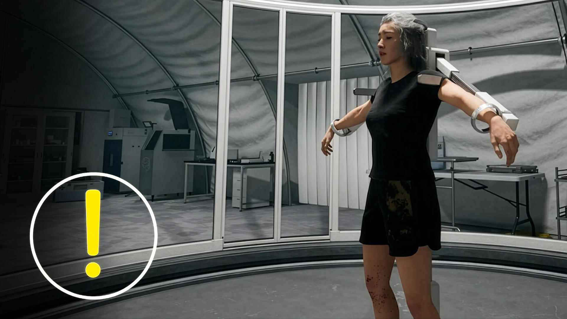 A captive woman is restrained inside a futuristic laboratory tent — an examination scene featuring medical equipment in the survival horror game.