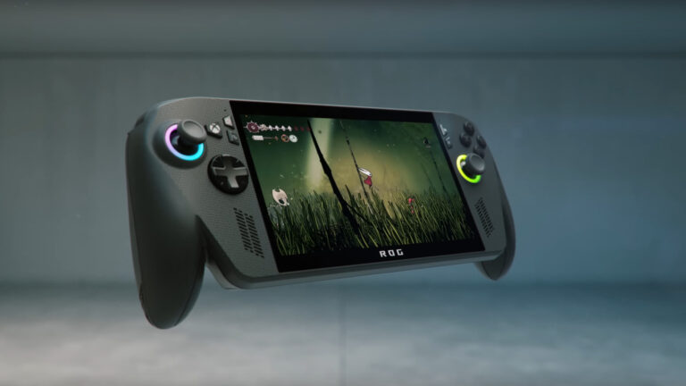 Ein schwarzer Handheld von Xbox, auf dem ein animiertes Spiel läuft.