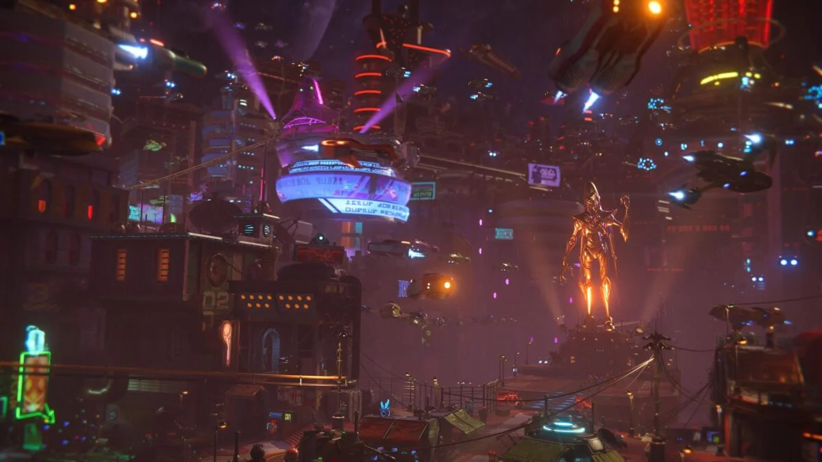 Die Cyberpunk-Stadt Nefarious City im PS5-Spiel Ratchet & Clank: Rift Apart.