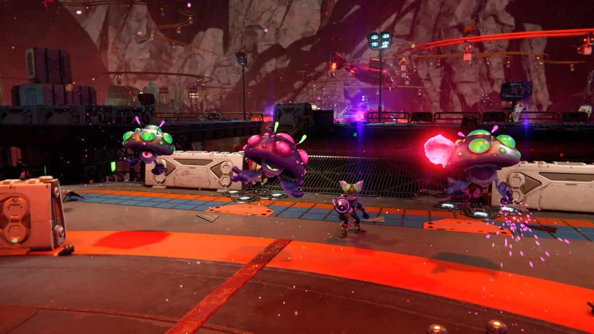 Die Partypilze im PS5-Spiel Ratchet & Clank: Rift Apart.