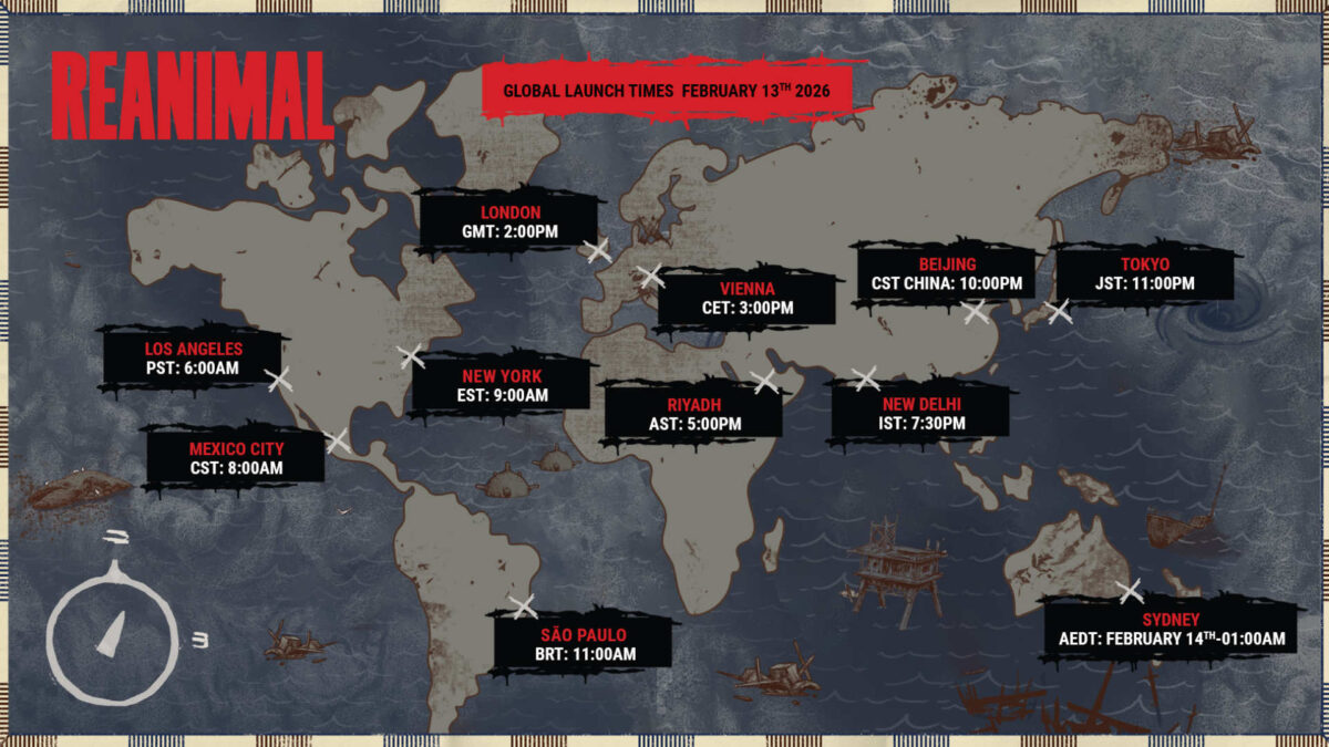 Eine Weltkarte mit verschiedenen Uhrzeiten zum Launch von Reanimal.