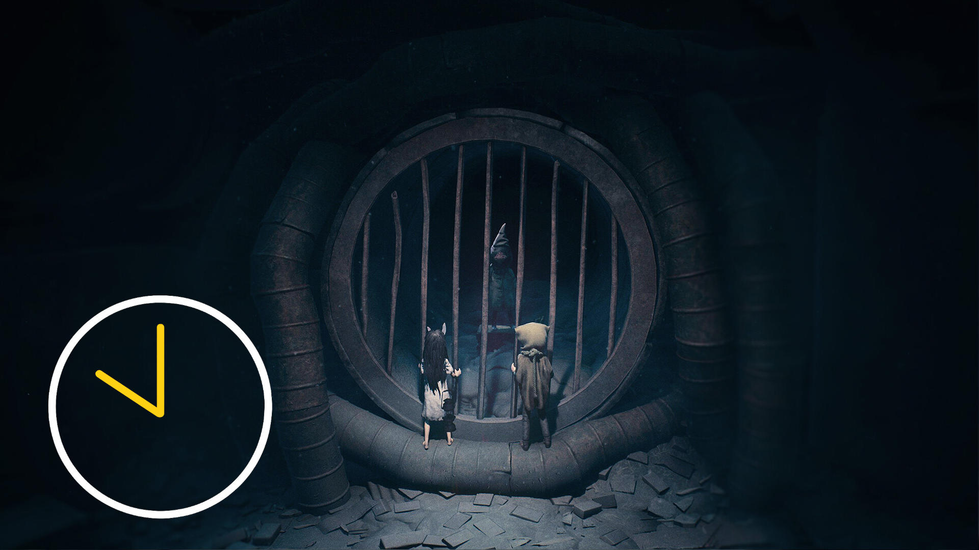 Two orphans stand in front of a grate in the sewer system.