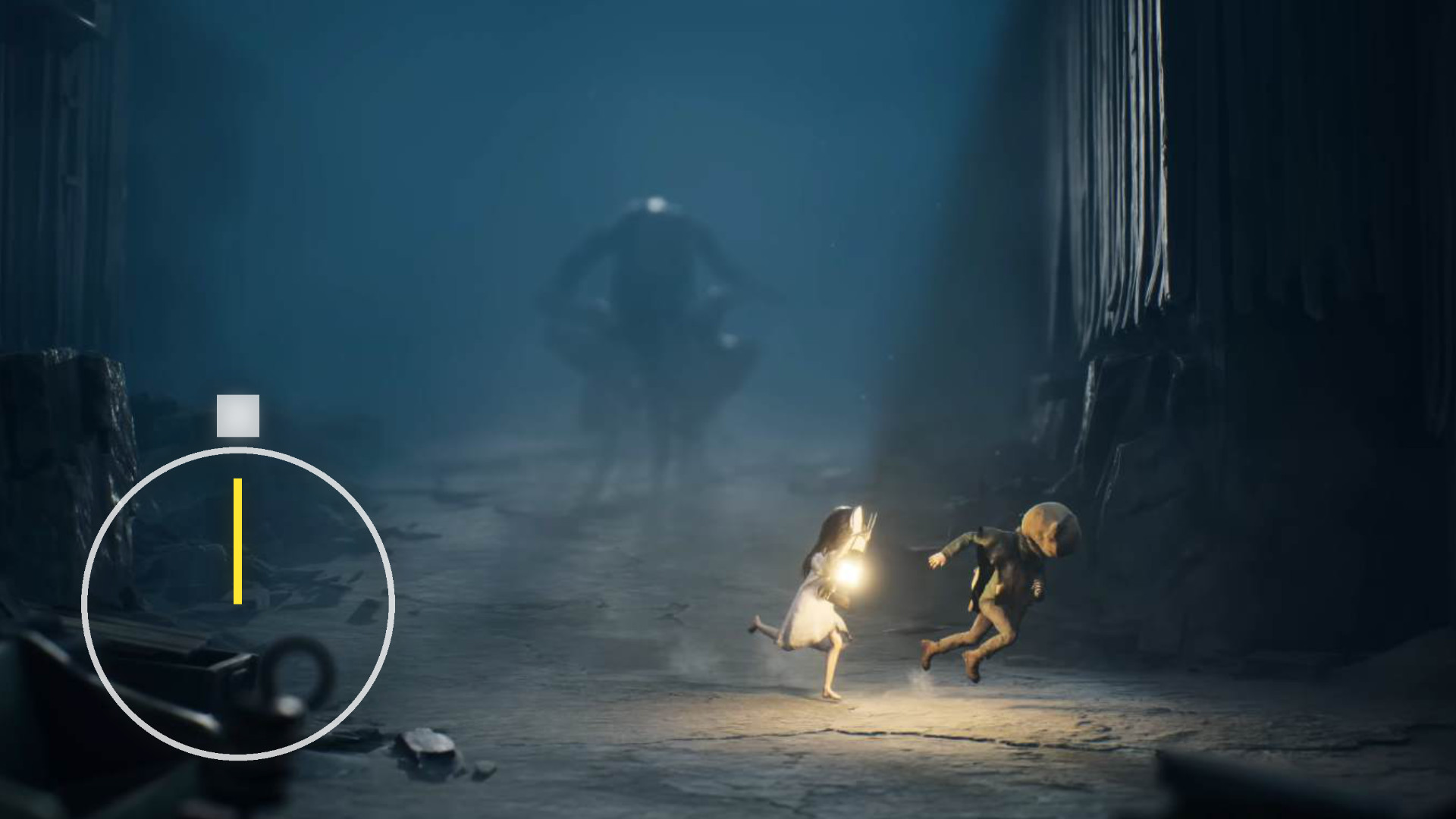 Two orphans are running away from a dark shadow in the background.