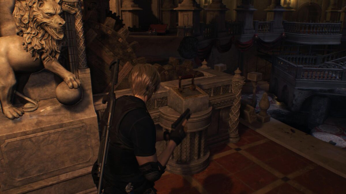 Der Fundort des ersten Hebels im Ballsaal von Resident Evil 4 Remake.