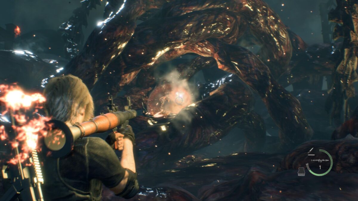 Leon zielt in Resident Evil 4 Remake mit einem Raketenwerfer auf das Auge von End-Boss Saddler.