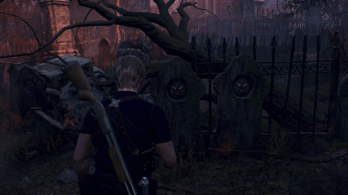 Leon steht in Resident Evil 4 vor zwei Grabsteinen.