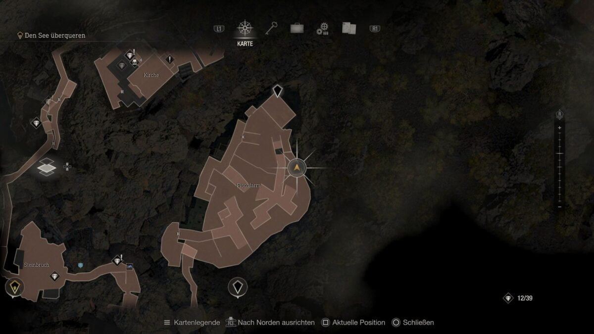 Der Fundort des Sechseckigen Teilstücks B auf der Karte von Resident Evil 4 Remake.