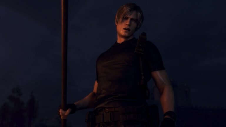 Leon hält in Resident Evil 4 eine Harpune in der Hand.