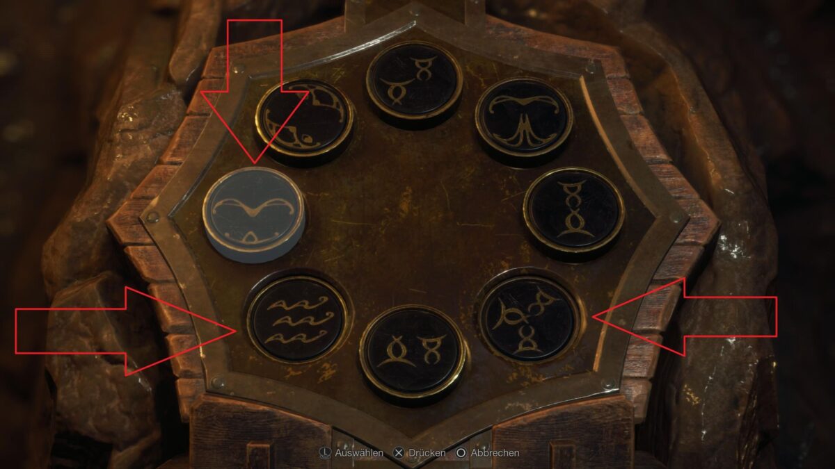 Drückt die markierten Schalter, um das Rätsel um den Kopf des Gotteslästerers zu lösen. 