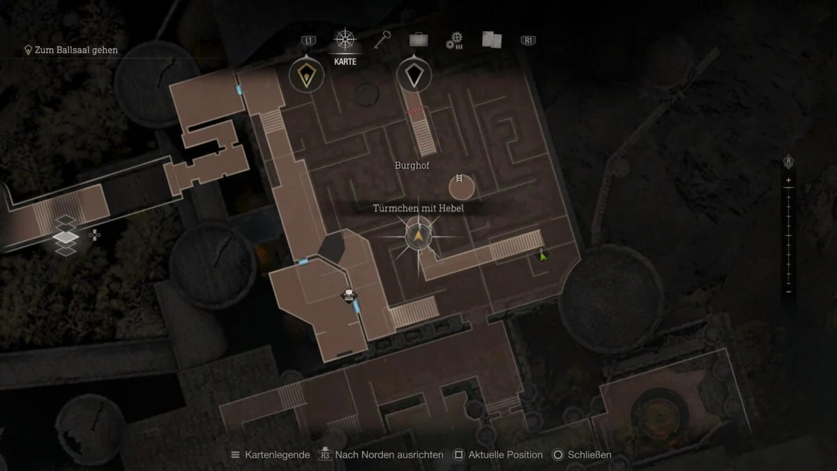 Der Standort des dritten Turms im Labyrinth auf dem Burghof auf der Karte von Resident Evil 4 Remake. 