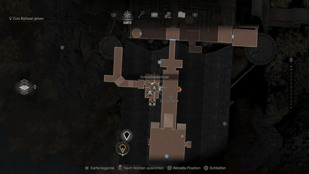 Der Fundort der ersten Nebenaufgabe in der Großen Halle auf der Karte von Resident Evil 4 Remake.
