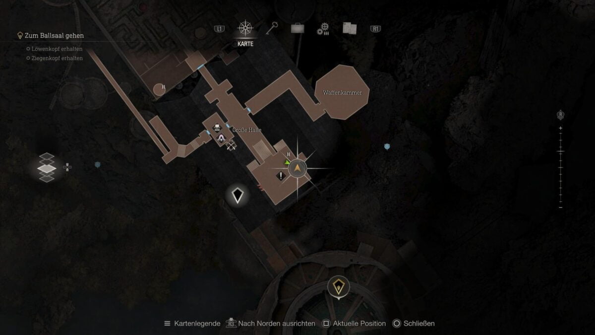 Der Fundort der zweiten Nebenaufgabe in der Großen Halle auf der Karte von Resident Evil 4 Remake.